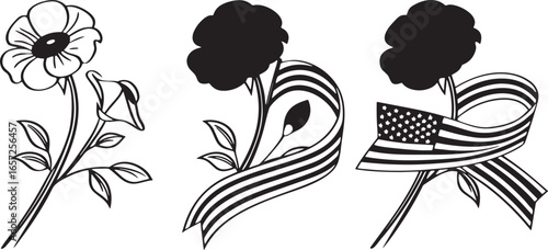 Minimalist black and white line art poppy flowers with U S flag ribbon floral USA flag