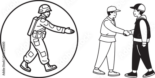 Soldier shaking hands with civilian in simple line art style handshake meeting