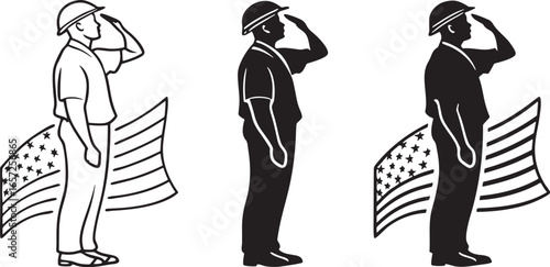 Three stylized figures of soldiers saluting with American flags military salute