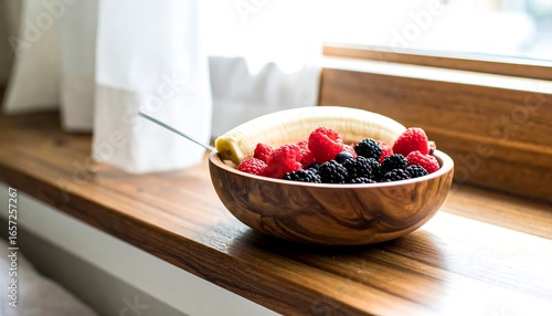 A wooden bowl overflowing with vibrant raspberries, blackberries, and a banana sits on a wooden windowsill, bathed in natural light.