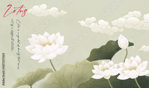 Chinese style retro horizontal Chinese painting of auspicious clouds and lotus flowers