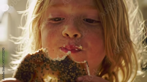 Child eating bagel close-up