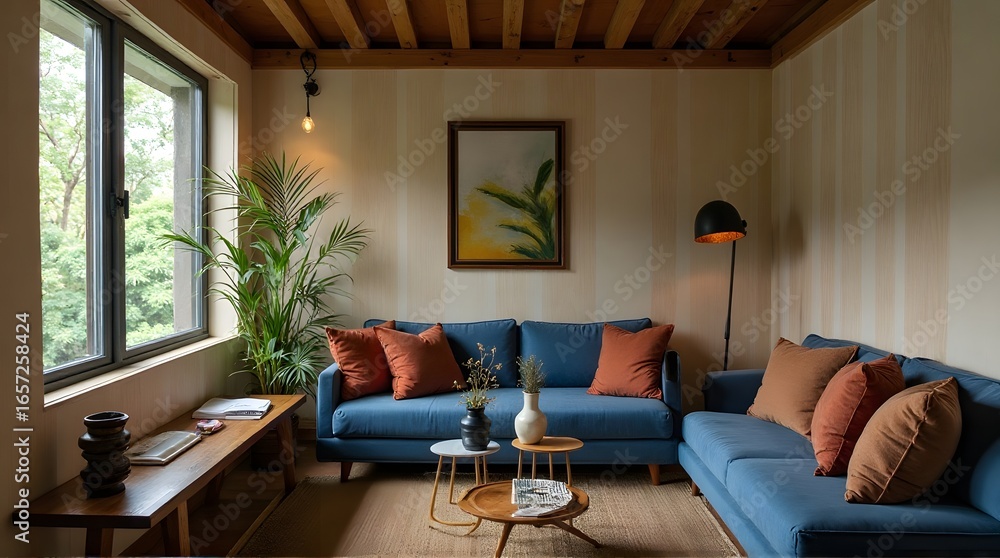 Fototapeta premium Living Room with Blue Sofa, Cushions, and Painting