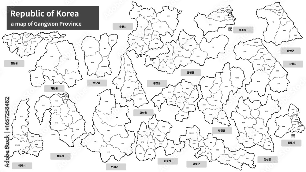 Fototapeta premium Gangwon Province South Korea Administrative Map - Cities, Counties, Districts, Towns and Townships