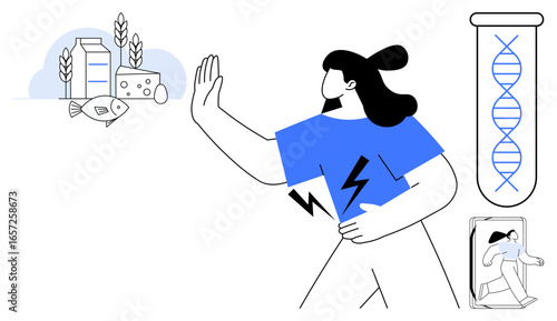 Woman rejecting allergenic foods thumbs up milk, cheese, fish, and wheat, DNA in test tube, monitoring health. Ideal for allergy management, nutrition, genetics food safety healthcare wellness