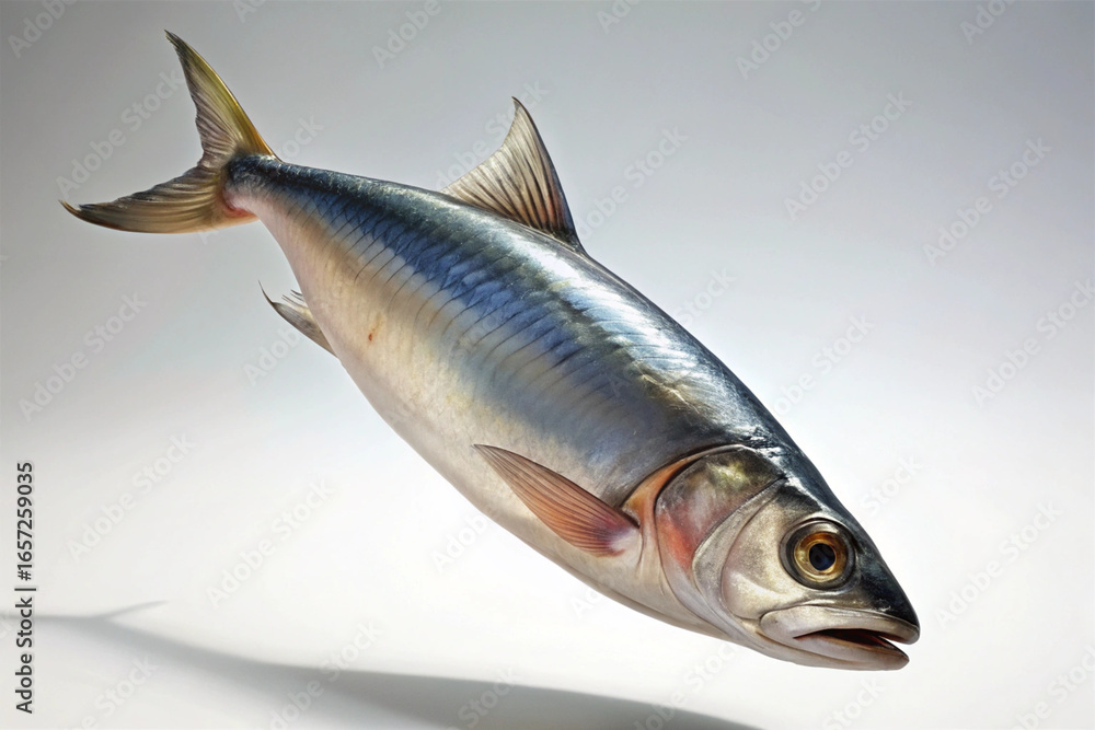 Fototapeta premium Mackerel falling on a white background. Sizzle. Freshness. Fish. Fresh fish. Autumn flavors. Seasonal.