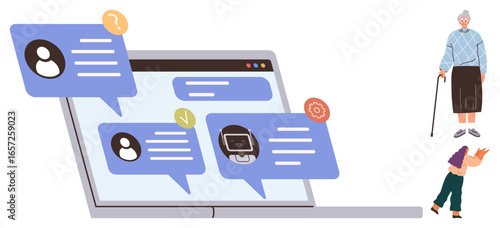 Laptop screen displaying chat bubbles and user icons, elderly woman with cane and small child nearby. Ideal for communication, connection, family, generational link, technology, inclusivity, simple