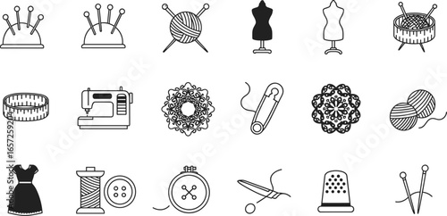 Sewing and Knitting Line Icons Set, Tailoring Tools, Fashion Design Elements, Handmade Crafting Supplies, Stitching, Textile Accessories Collection