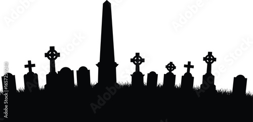 Silhouette of old graveyard with crosses, tombstones, obelisk, spooky cemetery scene, eerie night landscape, horror Halloween background, peaceful memorial site