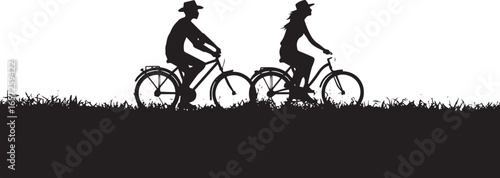 Black vector silhouette of a boy riding a motocross bike over a mountain jump at high speed in the grass