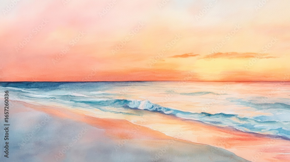Fototapeta premium beach with bright pink and blue colors, made with watercolor generative ai