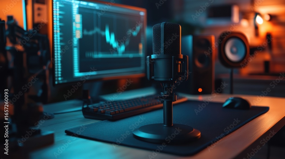 Naklejka premium Closeup of a professional podcast microphone resting on a desk in a recording ready podcasting home studio. Selective focus of podcast equipment in empty room, ready to be used for online streaming