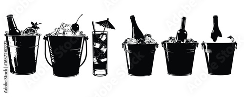 set of ice bucket and champagne bottle silhouette for party celebration and bar design