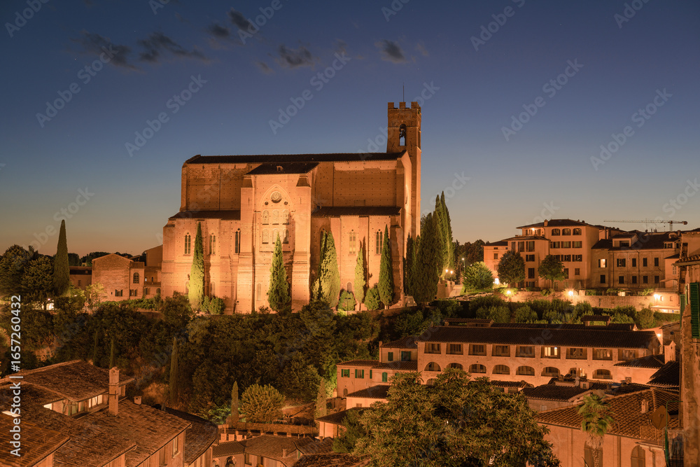 Night View of Siena, Historic City and Church Architecture in Tuscany, Italy
