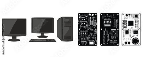 set of computer monitor and motherboard vector for technology and electronic design