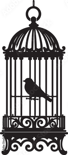 A vintage bird cage design featuring the silhouette of a bird on a branch