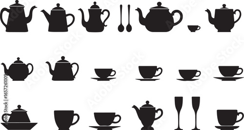 A silhouette vector icon set of various black and white coffee and tea cups, mugs, and pots