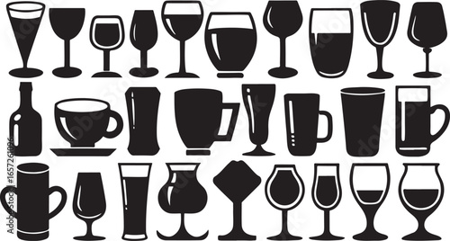 An icon vector illustration set of alcoholic drinks including wine, beer, and cocktails, with glasses and bottles
