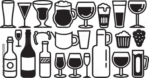 A vibrant vector illustration set of alcoholic drinks and wine bottles, perfect for a bar or restaurant design