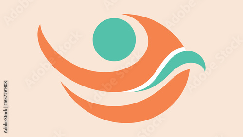 Abstract Humanoid Figure with Teal Circle and Orange Curves on Light Beige Background logo