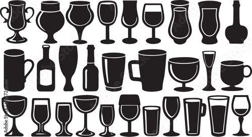 A variety of drink and alcohol icons including wine bottles, glasses, and cocktails are arranged as a vector illustration for a restaurant or bar design