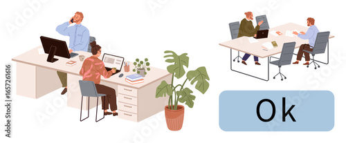 Colleagues working at desks with computers, engaging in discussions at meeting tables and planning. Ideal for teamwork, collaboration, productivity, office dynamics, corporate culture