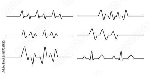 Black heartbeat line collection. Heart rate pulse rhythm, cardiology, medical pulse, ECG, EKG design, healthcare, cardiogram. Vector illustration