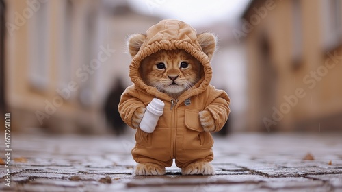 Fototapeta Naklejka Na Ścianę i Meble -  Cute lion cub in outfit holding a bottle