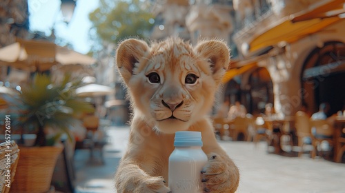 Fototapeta Naklejka Na Ścianę i Meble -  Cute Lion Cub Holds Bottle