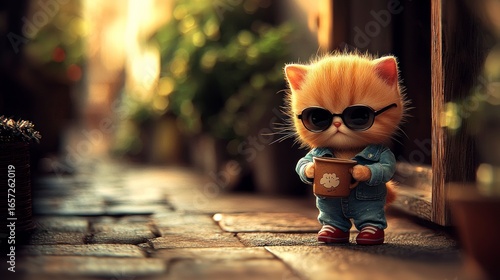 Fototapeta Naklejka Na Ścianę i Meble -  Cute kitten in denim jacket, drinking coffee