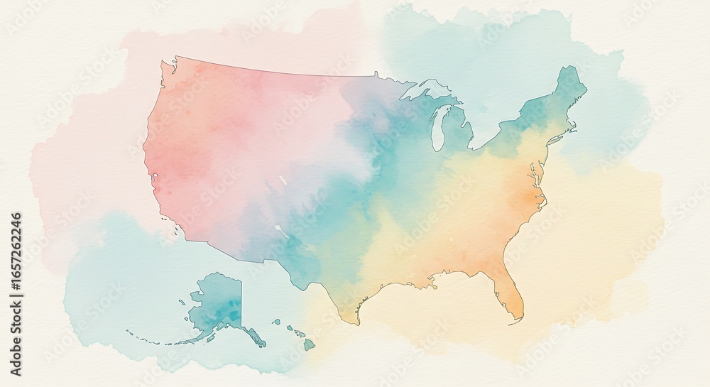 Obraz premium Soft pastel watercolor map of the United States, including Alaska and Hawaii, illustrating geographical boundaries with a gentle, artistic and fluid blend of colors