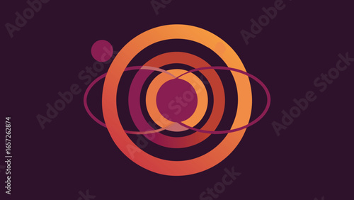 Abstract swirling circles and ellipses in orange and purple hues on a dark purple background color