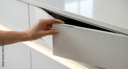 A hand pulls open a white drawer with a silver handle in a modern welllit setting