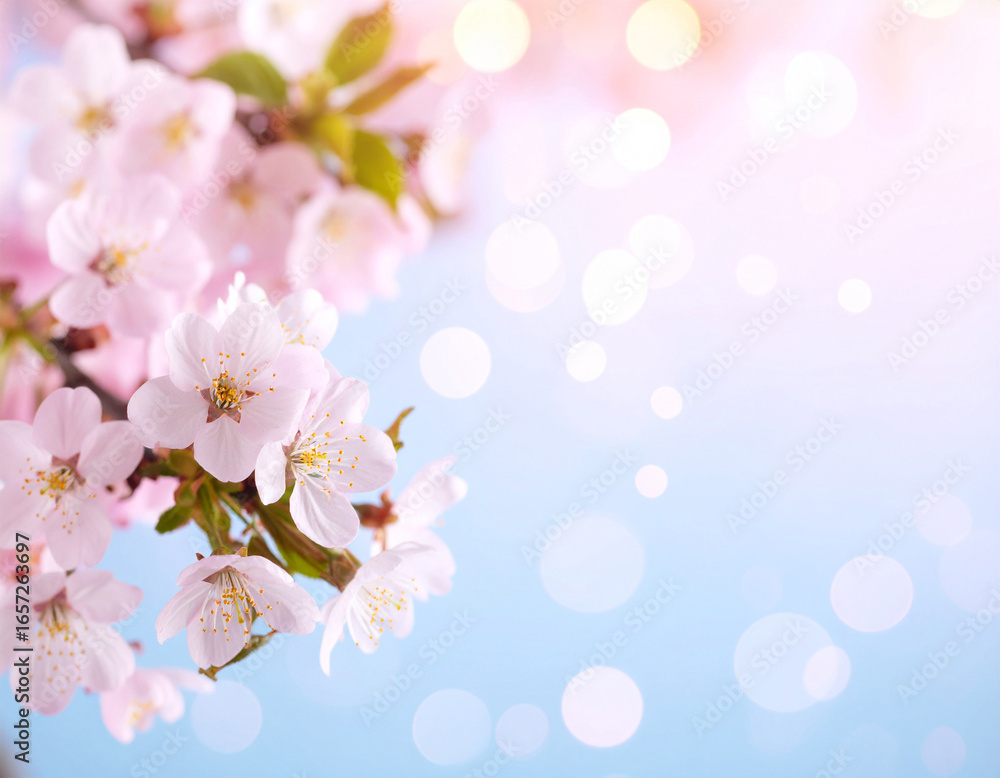 Fototapeta premium soft pastel background with blooming cherry blossoms in gentle focus, dreamy pink bokeh lights, bright spring atmosphere, high detail, stock photo style, copy space