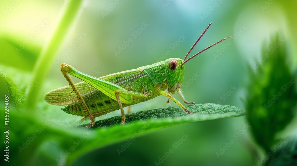 Detailed macro of a grasshopper on a fresh green leaf with natural light and blurred background highlighting its body texture, delicate legs, and intricate features Detailed macro of a grasshopper on a fresh green leaf with natural light and blurred background highlighting its body texture, delicate legs, and intricate features