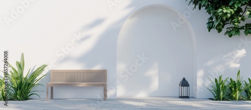 Fototapeta Naklejka Na Ścianę i Meble -  White arched wall with wooden bench, plants, and lantern