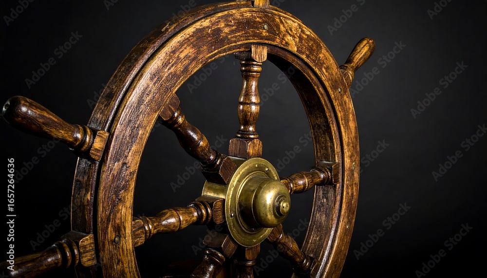 Obraz premium Close-up view of a weathered wooden ship's wheel.