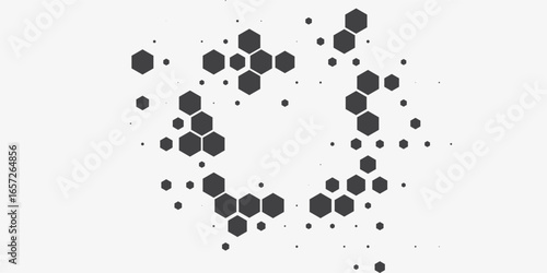 Hexagon halftone gradient texture. Abstract black grunge background. Geometric retro halftone tech overlay. Fading wavy hexagonal pattern backdrop. Vector