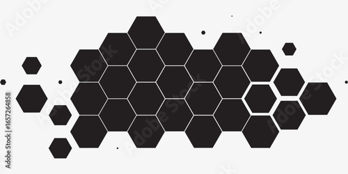 Hexagon halftone gradient texture. Abstract black grunge background. Geometric retro halftone tech overlay. Fading wavy hexagonal pattern backdrop. Vector