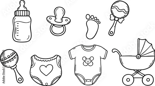 Baby essentials vector set with bottle pacifier stroller and clothing items for infant care 