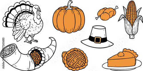 Thanksgiving harvest turkey pumpkin corn pilgrim hat pie and horn of plenty vector illustration 