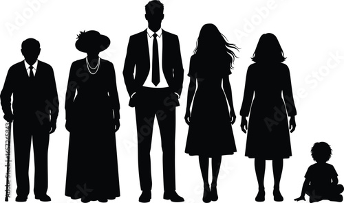 PrintSilhouette vector of diverse individuals across life stages including elderly, adults, youth, and child, representing generational diversity and family roles