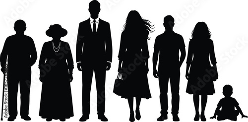 PrintSilhouette vector of diverse human life stages including elderly, adults, youth, and child, representing generational growth and family evolution concept