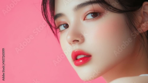 Wallpaper Mural Young woman with flawless skin and vibrant red lips posing against a pink backdrop for fashion and beauty themed projects 4k video footage Torontodigital.ca