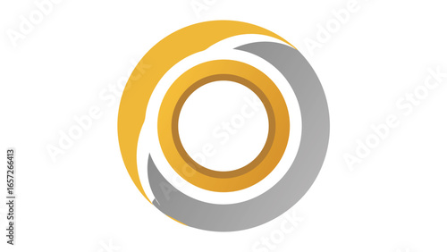 Circular logo design with gold and grey swooping elements around a white center symbol icon