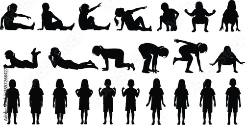 PrintSilhouette vector set of children in various poses, showing developmental stages from lying to standing, symbolizing growth, play, and activity