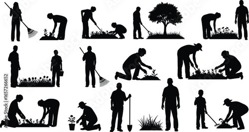 PrintSilhouettes of gardeners performing various tasks with tools, showcasing planting, watering, raking, and tending activities in outdoor gardening scenes