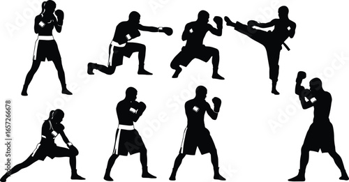 PrintSilhouettes of male fighters in boxing poses wearing gloves and shorts, showcasing martial arts movements, combat techniques, strength, and athletic training