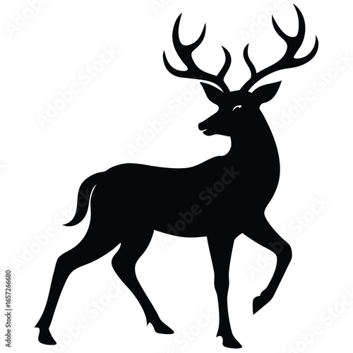 Majestic black stag with large antlers walking deer