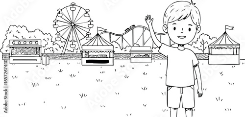 Child Waving at Amusement Park with Ferris Wheel and Tents in Black and White Vector Illustration 